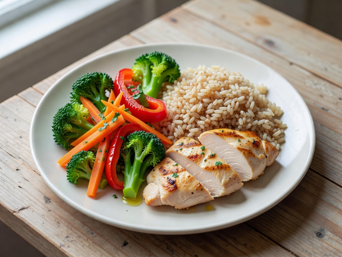 Balanced home meal with vegetables, grains and protein on a plate