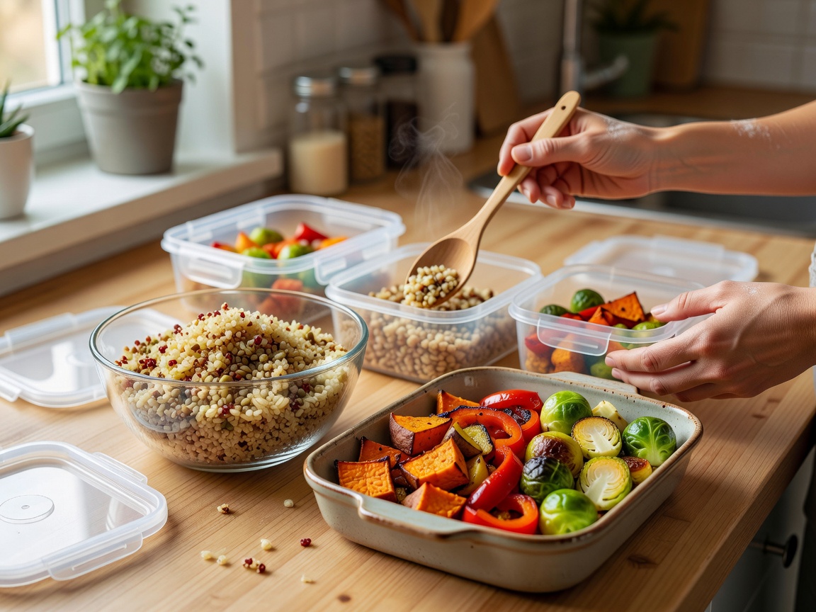 Home meal preparation with grains, roasted vegetables and containers