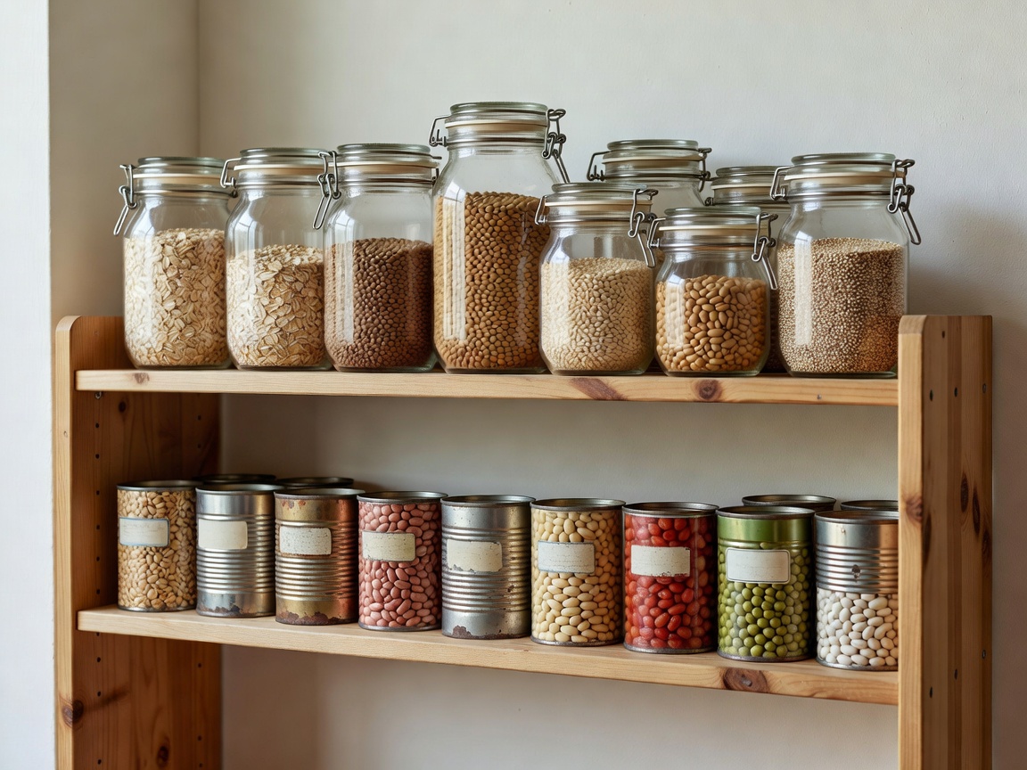 Jars of oats, lentils and grains beside tinned beans and vegetables