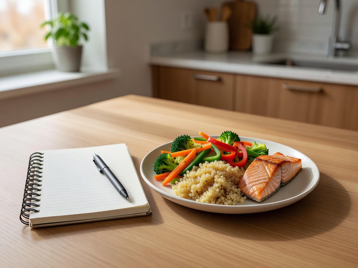 Notebook beside a balanced meal for reviewing home food routines
