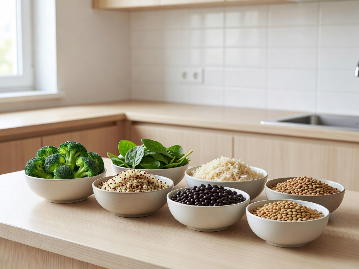 Bowls of vegetables, grains and beans arranged for a lean home diet